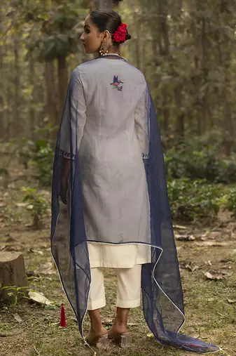 Ivory chanderi silk hand embroidered kurta set