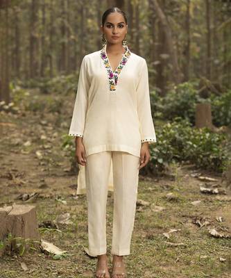 Ivory chanderi silk plain cord-set 1