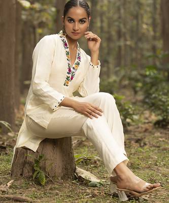 Ivory chanderi silk plain cord-set 2