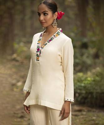 Ivory chanderi silk plain cord-set 3