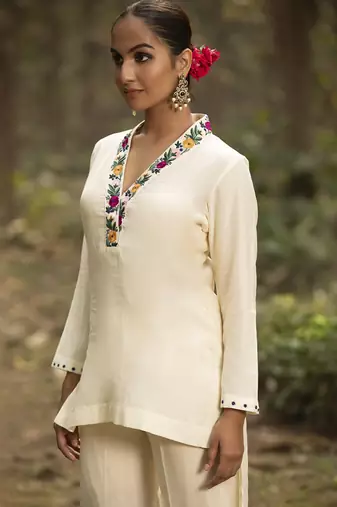 Ivory chanderi silk plain cord-set