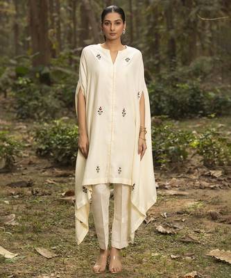 Ivory chanderi silk embroidered kaftan with pant 1