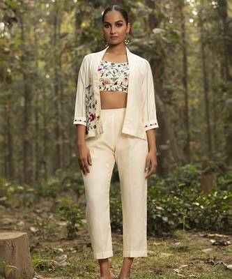 Ivory chanderi silk embroidered jacket set 1