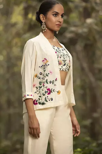 Ivory chanderi silk embroidered jacket set