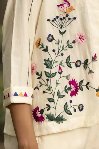 Ivory chanderi silk embroidered jacket set
