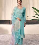 Sky embroidered art silk semi-pakistani salwar suit