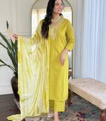 Women's Viscose Slub Embroidered Straight Kurta with Pant And Dupatta Set