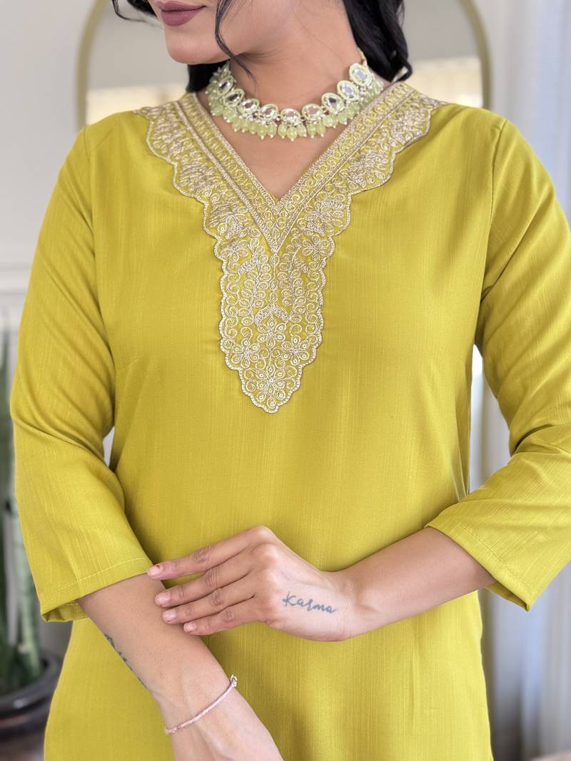 Women's Viscose Slub Embroidered Straight Kurta with Pant And Dupatta Set