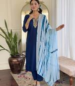 Women's Viscose Slub Embroidered Straight Kurta with Pant And Dupatta Set