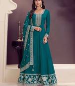 Sky embroidered chinon semi-anarkali suit