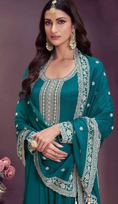 Sky embroidered chinon anarkali suit 2