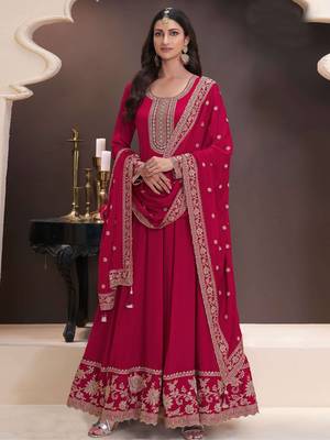 Red embroidered chinon semi-anarkali suit 1