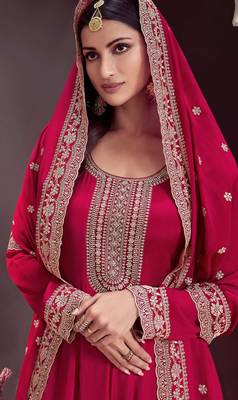 Red embroidered chinon semi-anarkali suit 2