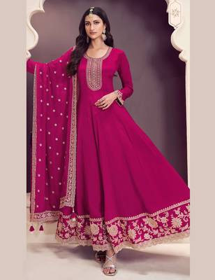 Pink embroidered chinon semi-anarkali suit 1