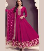 Pink embroidered chinon semi-anarkali suit