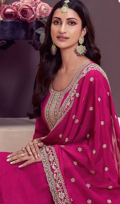 Pink embroidered chinon semi-anarkali suit 2