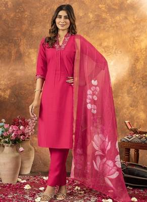 Pink colour with embroidered work roman silk Kurta set for women 1