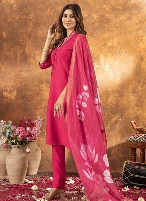 Pink colour with embroidered work roman silk Kurta set for women 3