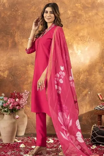 Pink colour with embroidered work roman silk Kurta set for women