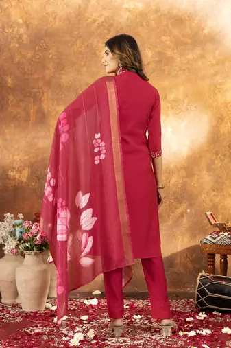 Pink colour with embroidered work roman silk Kurta set for women
