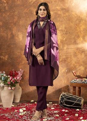 Wine colour with embroidered work roman silk Kurta set for women 1