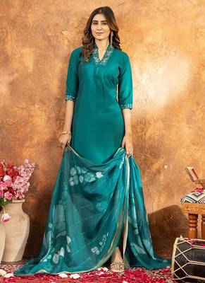 Teal colour with embroidered work roman silk Kurta set for women 1