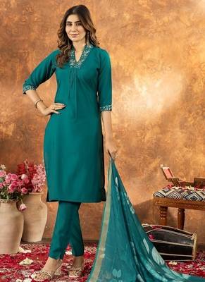 Teal colour with embroidered work roman silk Kurta set for women 2