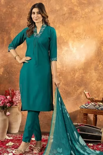 Teal colour with embroidered work roman silk Kurta set for women