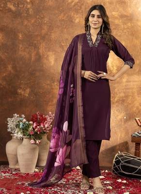 Wine colour with embroidered work roman silk Kurta set for women 2