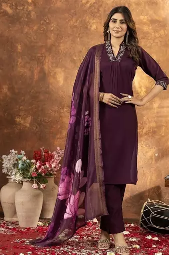 Wine colour with embroidered work roman silk Kurta set for women