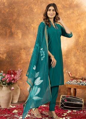 Teal colour with embroidered work roman silk Kurta set for women 3