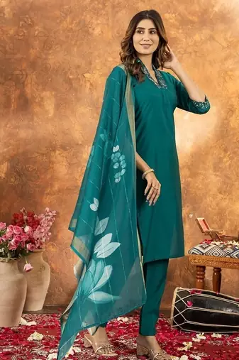 Teal colour with embroidered work roman silk Kurta set for women