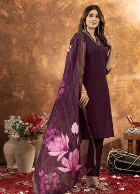 Wine colour with embroidered work roman silk Kurta set for women 3