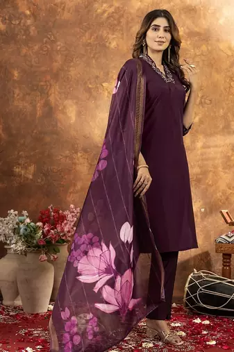 Wine colour with embroidered work roman silk Kurta set for women