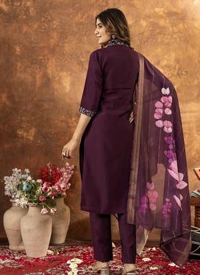 Wine colour with embroidered work roman silk Kurta set for women 4