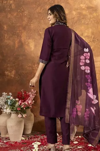 Wine colour with embroidered work roman silk Kurta set for women