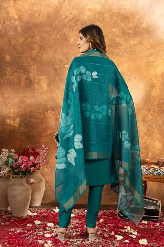 Teal colour with embroidered work roman silk Kurta set for women