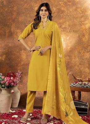 Musterd colour with embroidered work roman silk Kurta set for women 1