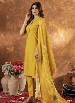 Musterd colour with embroidered work roman silk Kurta set for women 2