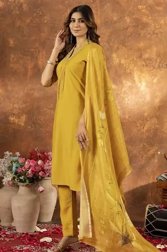 Musterd colour with embroidered work roman silk Kurta set for women