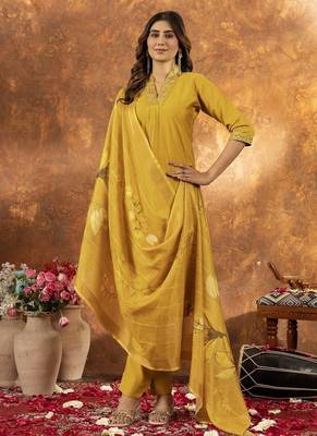 Musterd colour with embroidered work roman silk Kurta set for women 3