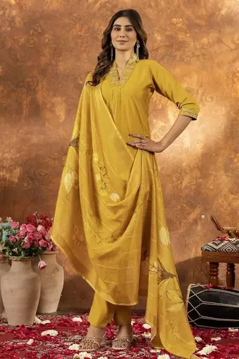 Musterd colour with embroidered work roman silk Kurta set for women