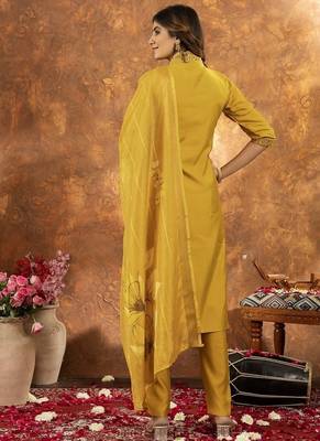 Musterd colour with embroidered work roman silk Kurta set for women 4