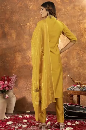 Musterd colour with embroidered work roman silk Kurta set for women