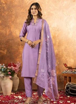 lavender colour with embroidered work roman silk Kurta set for women 1