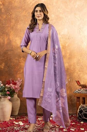 lavender colour with embroidered work roman silk Kurta set for women