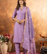 lavender colour with embroidered work roman silk Kurta set for women