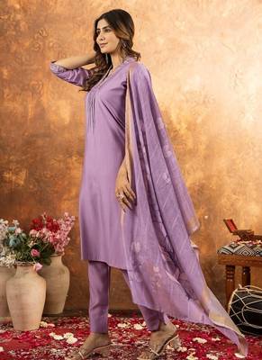 lavender colour with embroidered work roman silk Kurta set for women 2