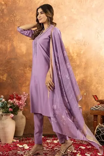 lavender colour with embroidered work roman silk Kurta set for women