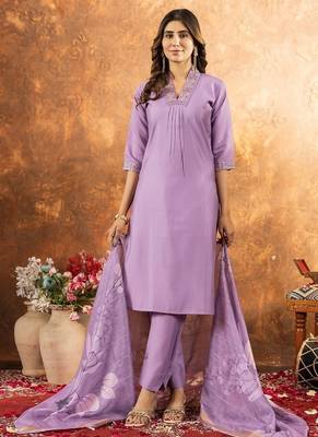 lavender colour with embroidered work roman silk Kurta set for women 3